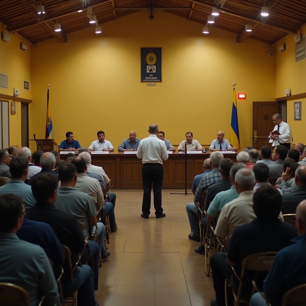 Cooperative members raising hands to vote during an annual general assembly in a large meeting hall
