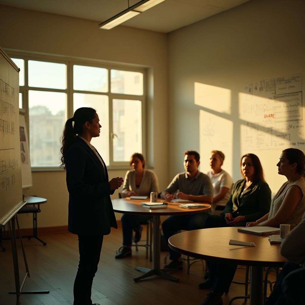 People learning about cooperative finance in a classroom setting in Paraguay