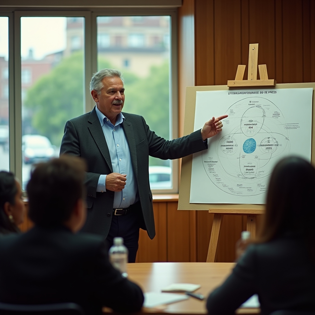 An educator explaining the cooperative ownership model using a diagram in a classroom