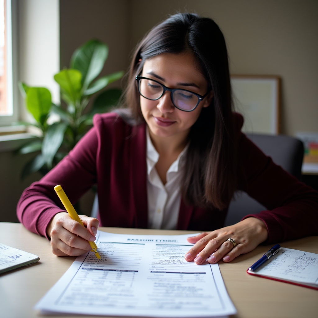 A participant studying a simplified cooperative balance sheet document at a desk with notes