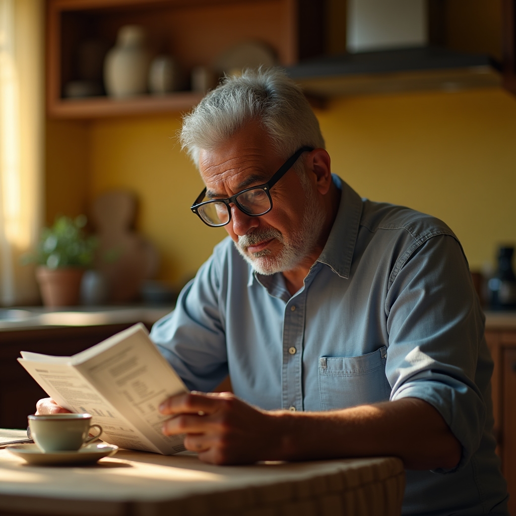 A cooperative member reading through the annual report document at a table with a cup of coffee