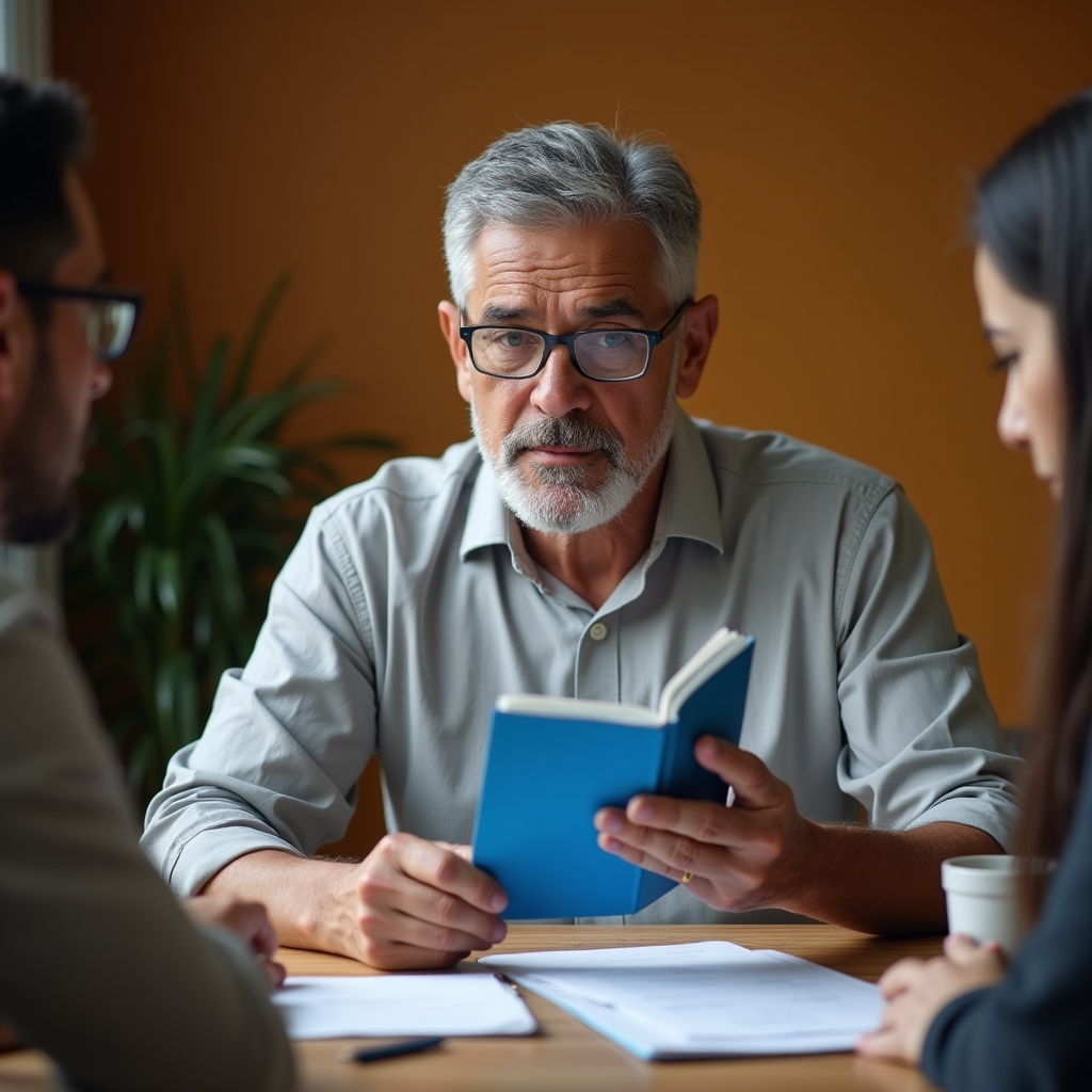 A cooperative member reviewing their savings booklet with an educator in Asunción